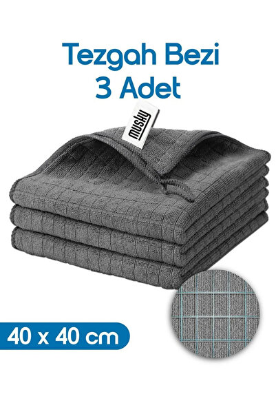 MUSKY 3'lü Mikrofiber Araba, Cam, Mutfak Temizlik Bezi, Gri (40 CM X 40 CM)