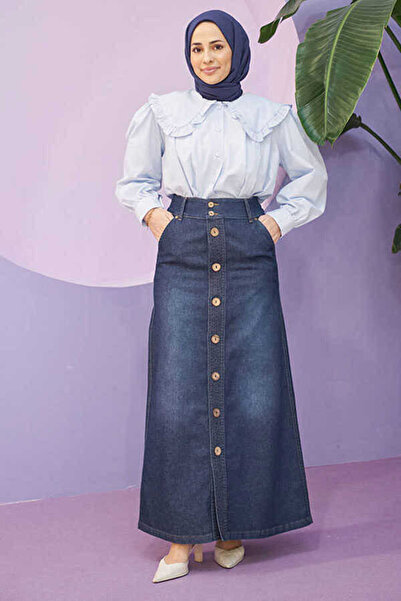 Neways 2287-Denim Dikişli Etek Koyu Mavi