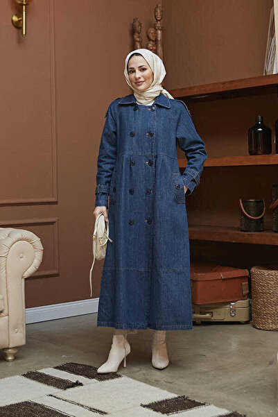 Neways 6632-Reglan Kollu Süs Pileli Denim Ceket Koyu Mavi