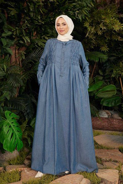 Neways 6626-Crocheted Placket Dress Dark Blue