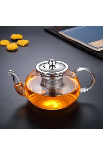 Qerhome Teapot and Glass Warmer with Borosilicate Glass Metal Strainer and Metal Lid 1000 ml