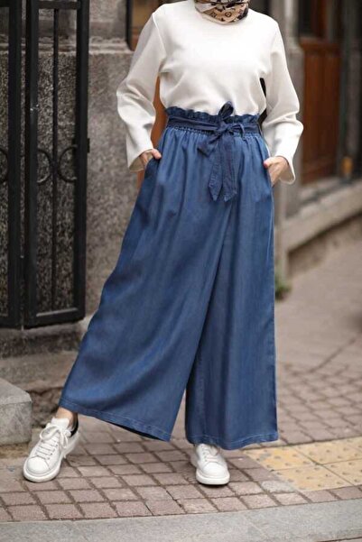 Neways 1119-Denim Lastikli Pantolon Etek Koyu Mavi