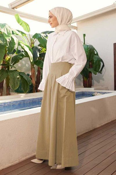Neways 1161-Pleated Pocket Denim Trousers Skirt Beige
