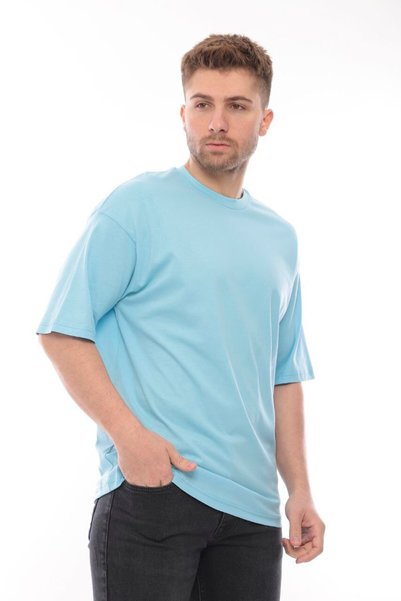 FR Franco Renzo Men's Oversize Fit 100% Organic Cotton Thick Textured Crew Neck Baby Blue T-Shirt