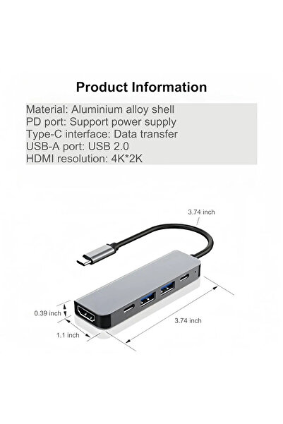 Astakos 4K@30Hz Usb Type-C 5in1 Şarj,PD,HDMI ve USB 3.0 Çoğaltıcı Adaptör 5 Portlu