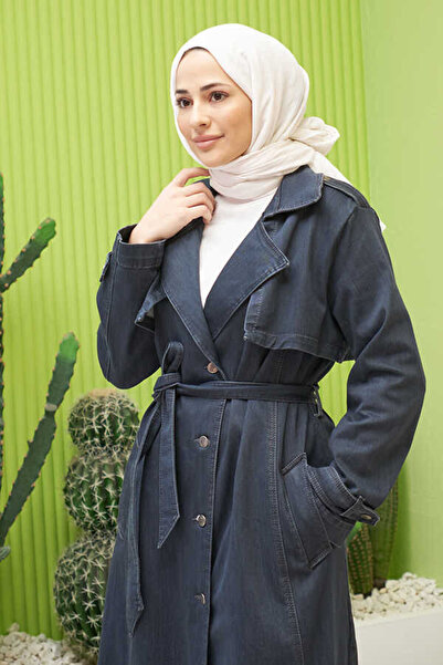 Neways 6458-Allerli Denim Trençkot Koyu Gri