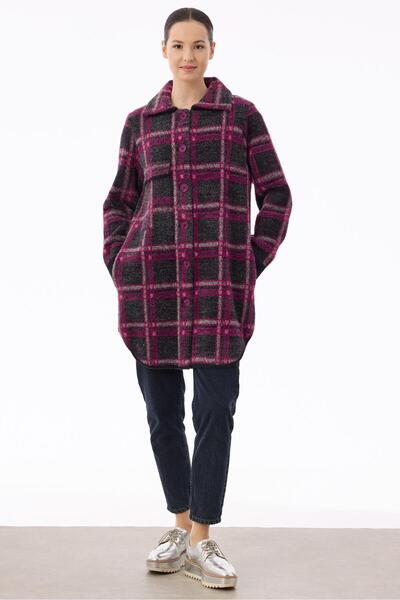 Tığ Triko Ekose Desenli Mink Kaban SİYAH-FUŞYA