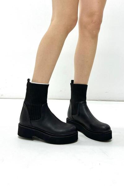 inizio Black Leather Knitwear Konç Women's Flat Boots P266