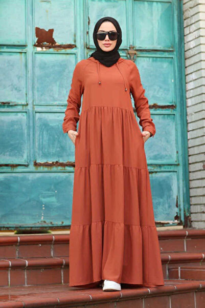 Neways 6531-krep Kapşonlu Reglan Kollu Elbise Taba