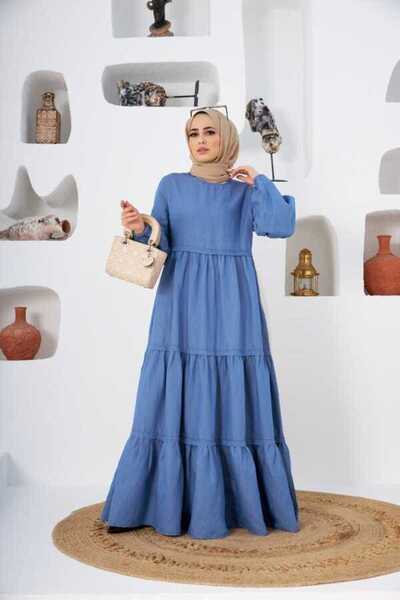 Neways 6510-فستان دينيم مكشكش باللون الأزرق