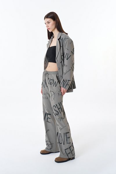Quzu High Waist and Text Printed Light Khaki Pants