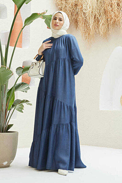 Neways 6614-denim Büzgülü Elbise Koyu Mavi