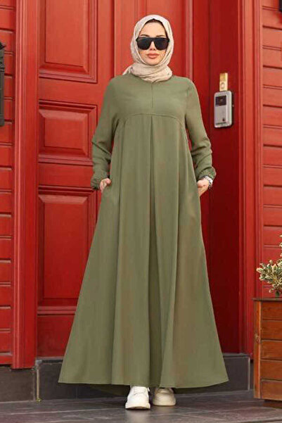 Neways 6482-Front Single Pleated Khaki Crepe Dress