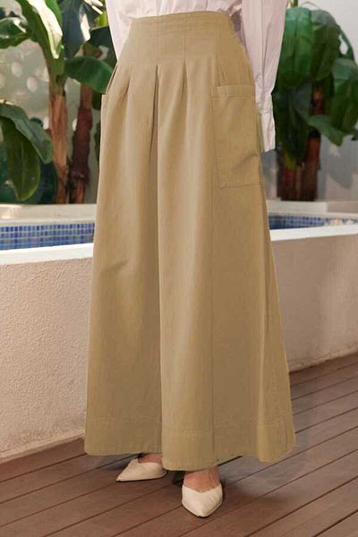 Neways 1161-Pleated Pocket Denim Trousers Skirt Beige