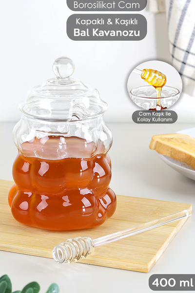 Meleni Home Kaşıklı Borosilikat Cam Bal Kavanozu - Kapaklı Boncuk Şekilli Reç...