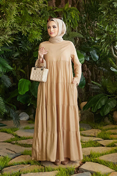 Neways 6400-Denim Parça Boya Elbise Bej