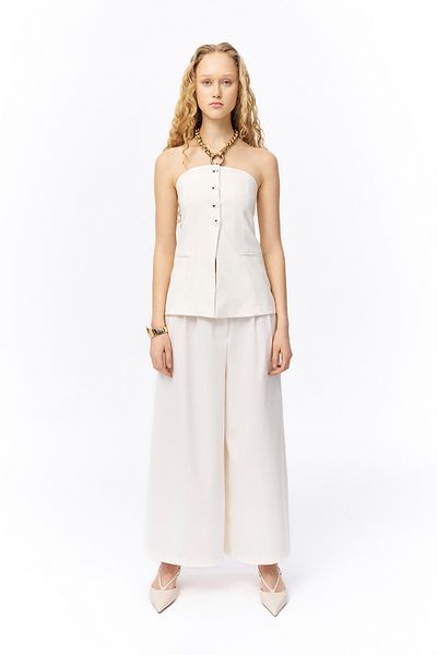Quzu Ecru Wide Leg Trousers - Pleat Detail