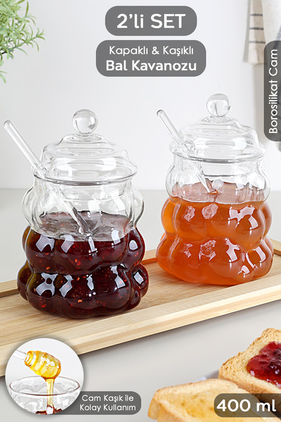Meleni Home 2'li Kaşıklı Borosilikat Cam Bal Kavanozu - Kapaklı Boncuk Şekilli Reçellik Bal Reçel Kavanozu 400ml