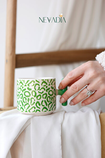 NevaDia Yeşil Renk Leopar Desenli Kupa Bardak, Özel Gün Hediyelik Bardak Kupa