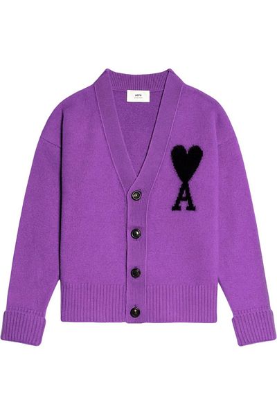 Ami Logo-Intarsia Wool Cardigan