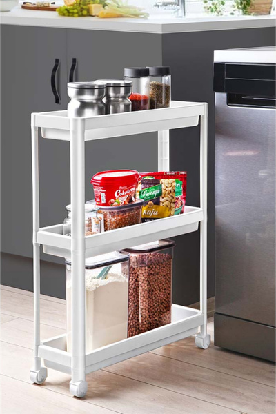 EVLE 3 Katlı Tekerlekli Slim Raf Modüler Banyo Rafı, Mutfak Rafı