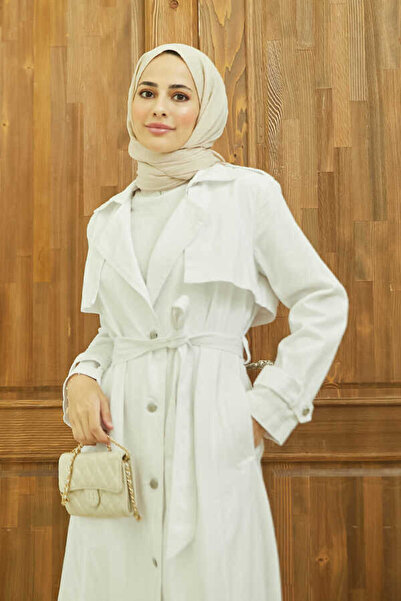 Neways 6458-Allerli Denim Trençkot Beyaz