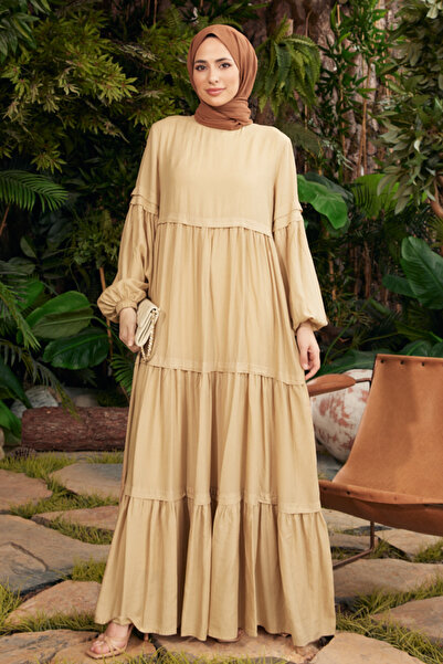 Neways 6510- Parça Boya Büzgülü Elbise Bej