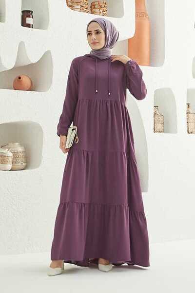Neways 6531-krep Kapşonlu Reglan Kollu Elbise Koyu Lila