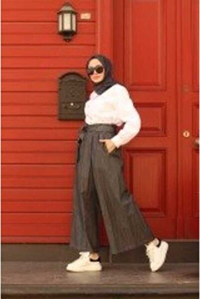 Neways 1119-denim Lastikli Pantolon Etek Koyu Gri