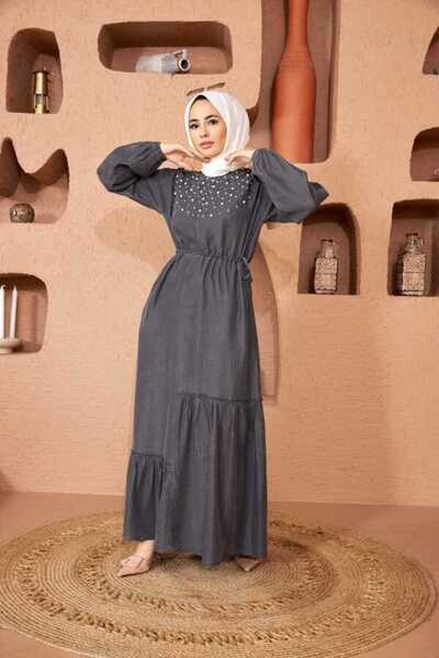 Neways 6570-Denim Asimetrik Büzgülü Elbise Gri