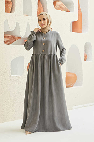 Neways 6617-Büyük Süs Düğmeli Elbise Gri