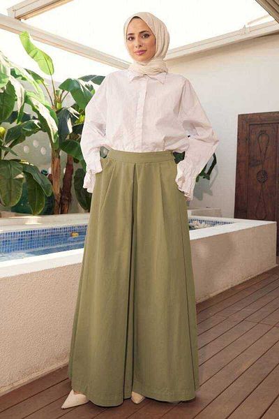 Neways 1163-Piece Painted Pleated Trousers Skirt Khaki