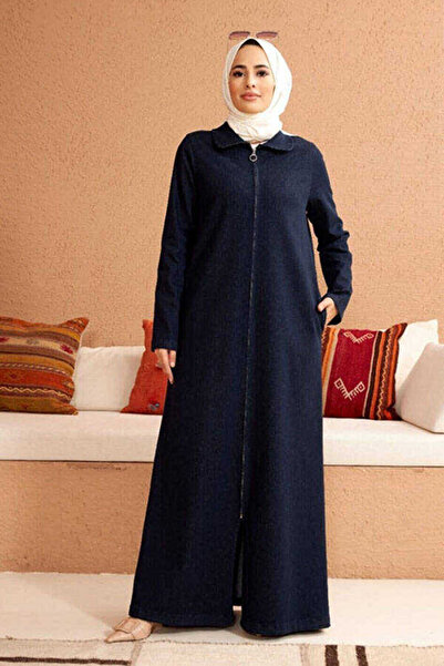 Neways 6568-denim Fermuarlı Ferace Koyu Petrol