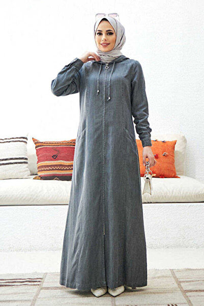 Neways 6463-denim Kapşonlu Ferace Gri