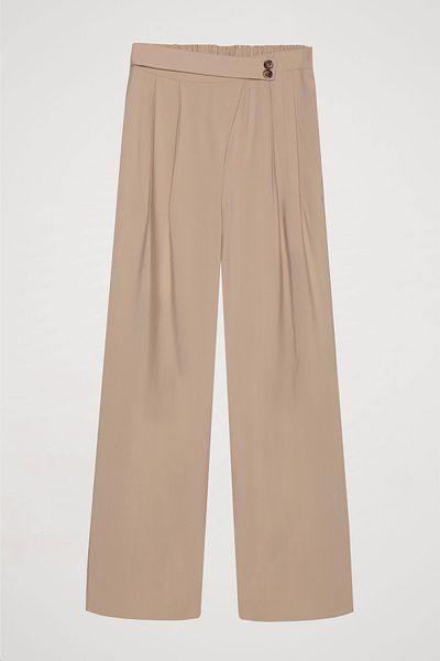 Quzu Stone Color Button Waist Palazzo Trousers