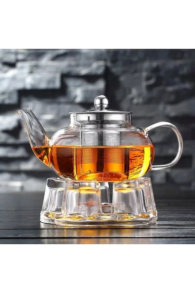 Qerhome Teapot and Glass Warmer with Borosilicate Glass Metal Strainer and Metal Lid 1000 ml