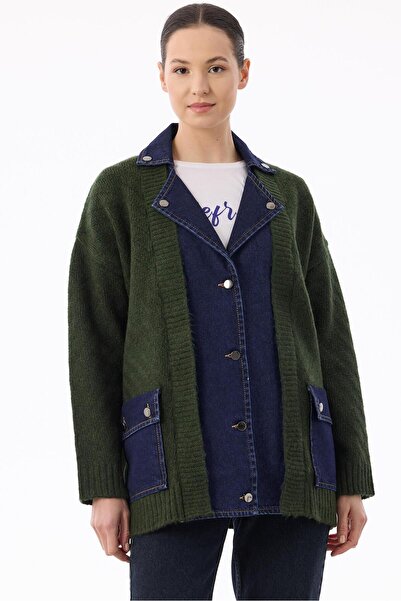 Tığ Triko Kot Kombinli Cepli Hırka ZÜMRÜT