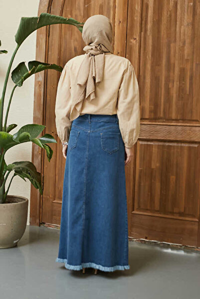 Neways 2252-Denim Püsküllü Etek Koyu Mavi