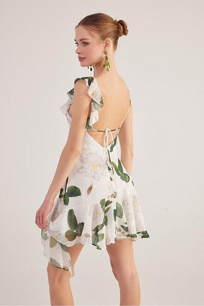 HOLLY LOLLY White Floral Asymmetrical Cut Gigi Dress - Back Low Cut