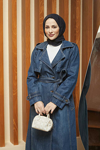 Neways 6458-Allerli Denim Trençkot Koyu Mavi