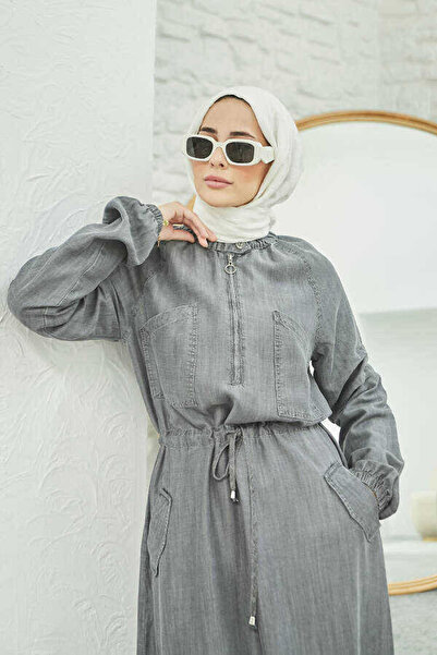 Neways 6501-DENİM REGLAN KOLLU CEPLİ ELBİSE Gri
