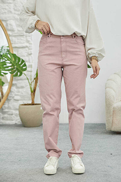 Neways Denim Yüksek Belli Dar Paça Pantolon Pudra