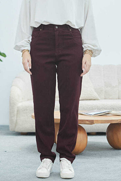 Neways 1146-denim Yüksek Belli Dar Paça Pantolon Bordo