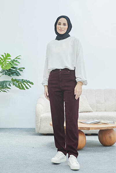 Neways 1146-denim Yüksek Belli Dar Paça Pantolon Bordo