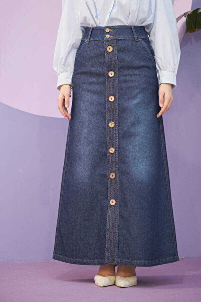 Neways 2287-Denim Dikişli Etek Koyu Mavi