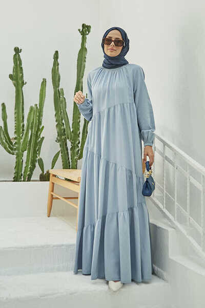 Neways 6614-Denim Büzgülü Elbise Mavi