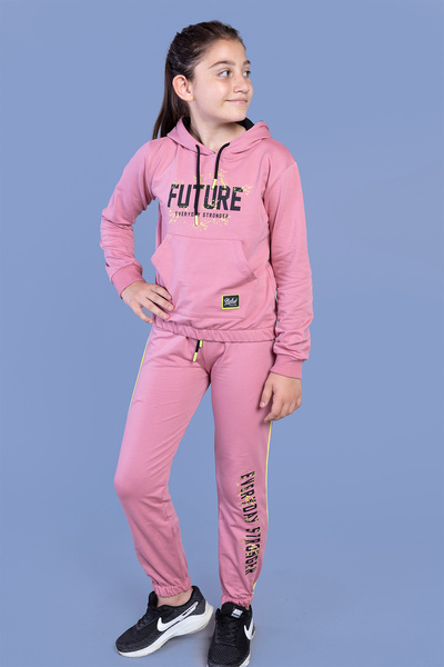 Toontoy Girl's Printed Kangaroo Pocket Tracksuit Set
