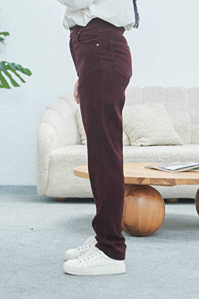 Neways 1146-denim Yüksek Belli Dar Paça Pantolon Bordo