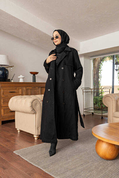 Neways 6458-Allerli Denim Trençkot Siyah