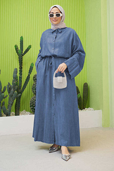 Neways 6596-denim Düğmeli Süs Kuşaklı Abaya Koyu Mavi
